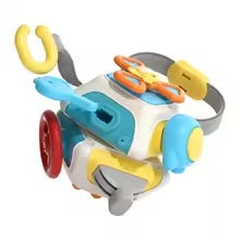 Car-themed activity toy with a red steering wheel, blue and yellow controls, and a gray strap