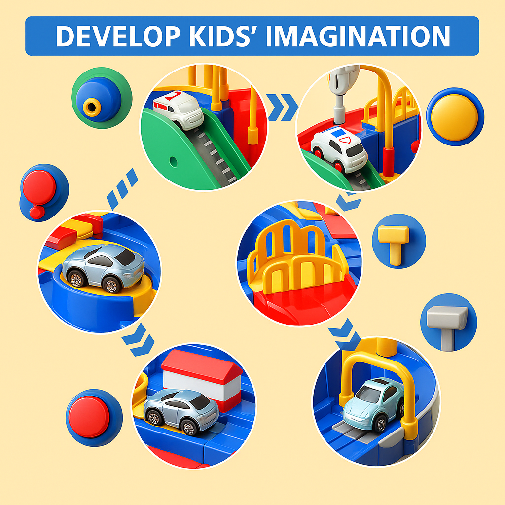 Diagram showing how colorful controls move cars through ramps, bridges, and lifting stations