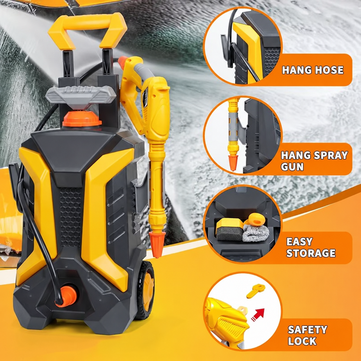 Toy car wash unit with hose and spray wand storage and close-up views of its controls.