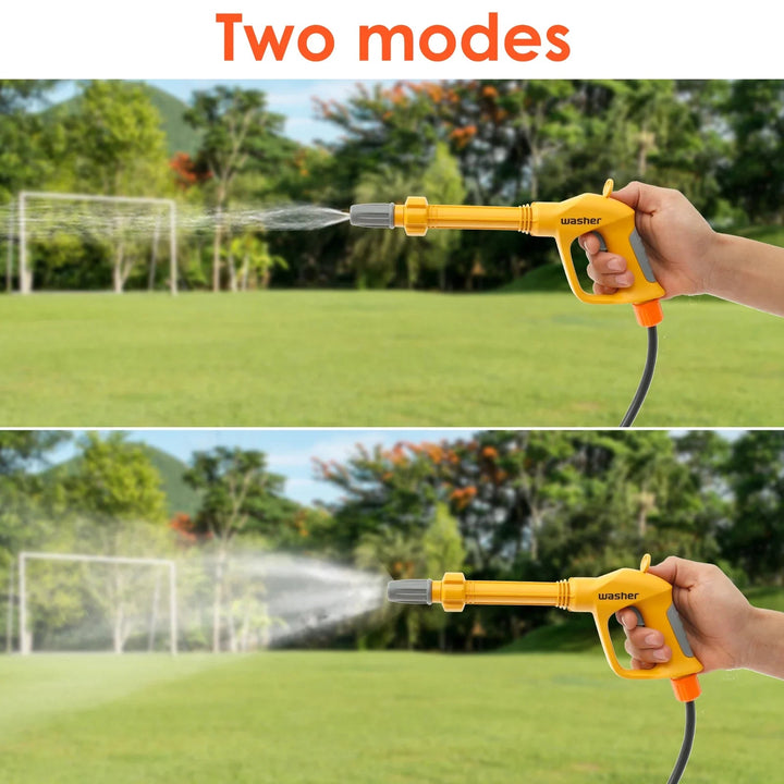 Yellow car wash wand demonstrating a narrow water stream and a wider spray