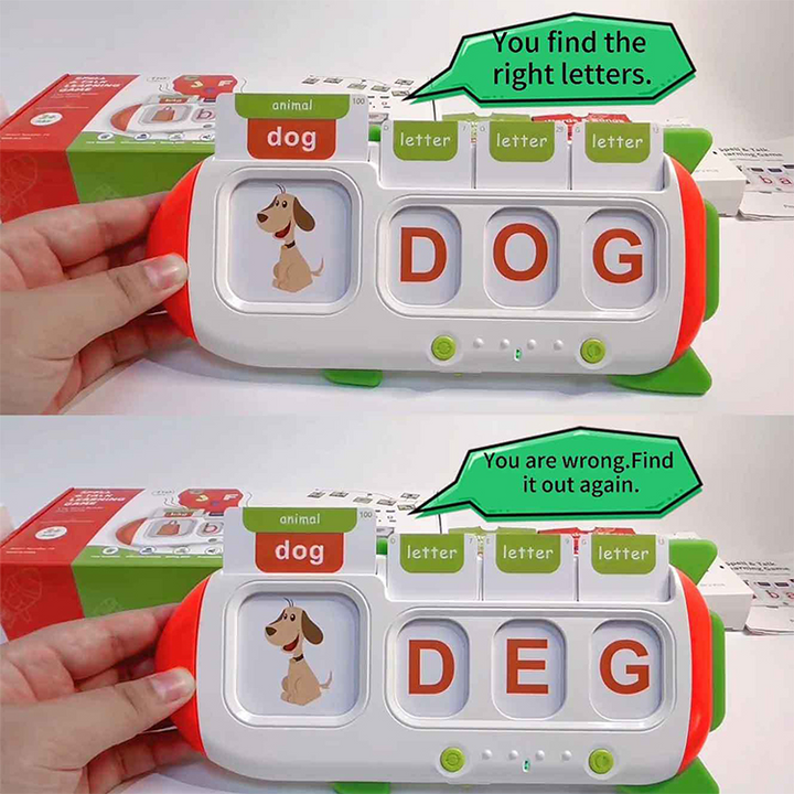 Card reader showing the correct spelling dog and the incorrect letter sequence deg.