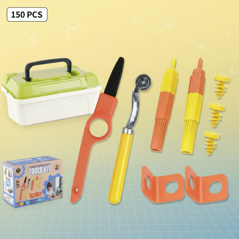 150-piece cardboard tool set with storage box, cutter, roller, screwdrivers, connectors, and screws