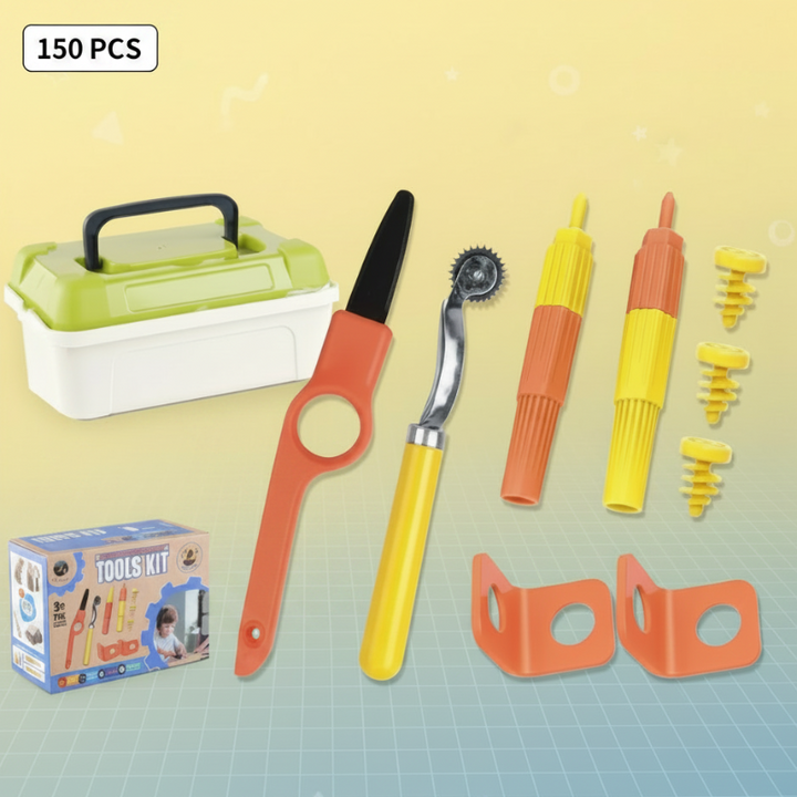 150-piece cardboard tool set with storage box, cutter, roller, screwdrivers, connectors, and screws