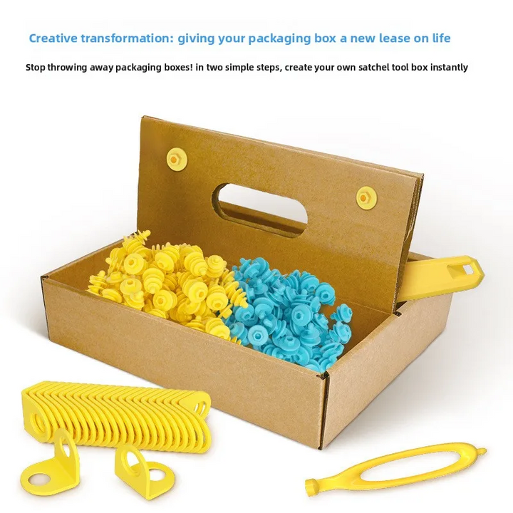 Cardboard caddy holding yellow and blue connectors, with tools and corner brackets alongside