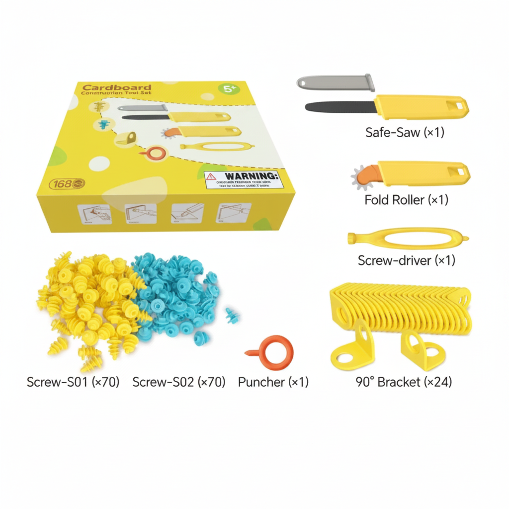 168-piece kit contents with a saw, folding roller, screwdriver, hole punch, connectors, and corner brackets