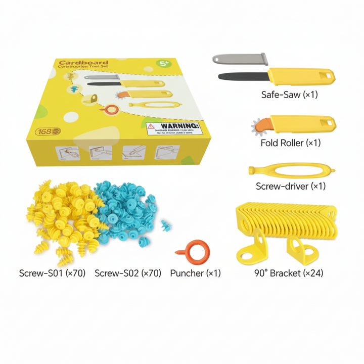 168-piece kit contents with a saw, folding roller, screwdriver, hole punch, connectors, and corner brackets