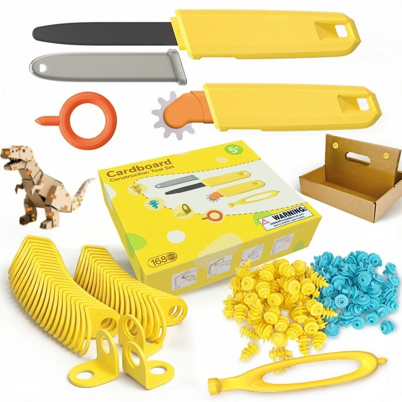 Cardboard craft kit with yellow tools, blue and yellow connectors, corner brackets, and example cardboard projects