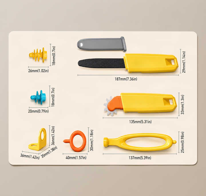 Measurement chart for cardboard craft tools, connectors, a hole punch, and a corner bracket