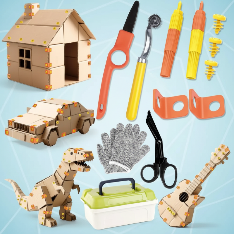 Cardboard craft tools, storage box, gloves, and scissors shown with house, car, dinosaur, and guitar projects