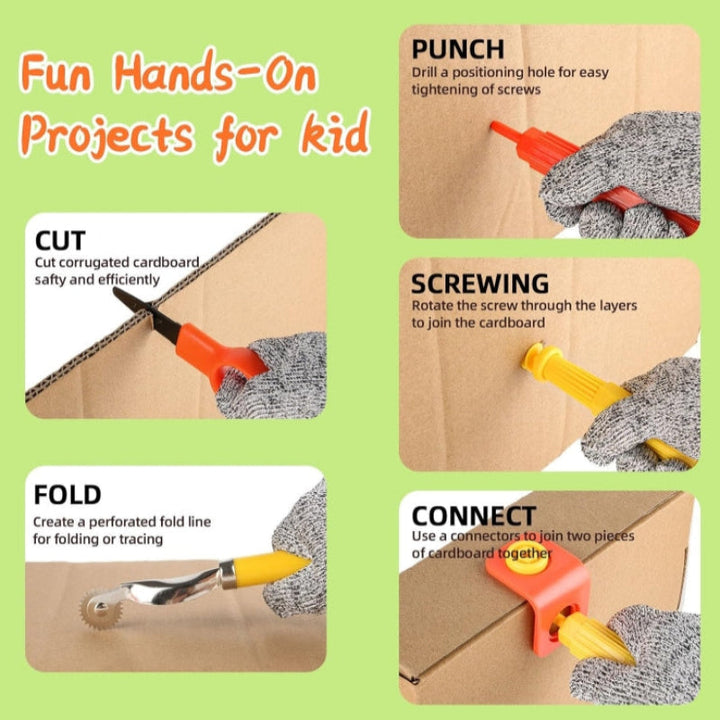 Five cardboard crafting steps showing cutting, punching, fastening, folding, and joining