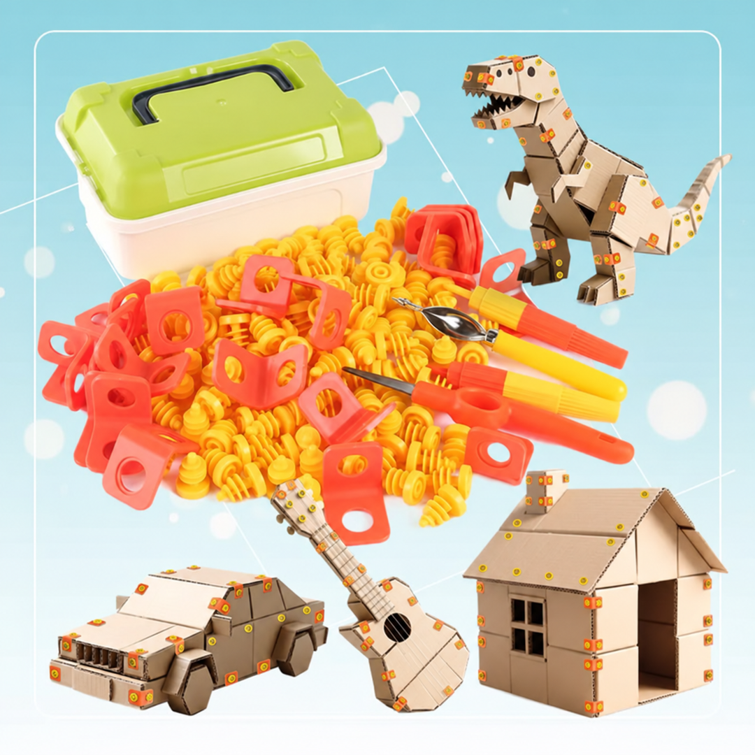 Cardboard building fasteners and tools beside a storage box and example craft projects