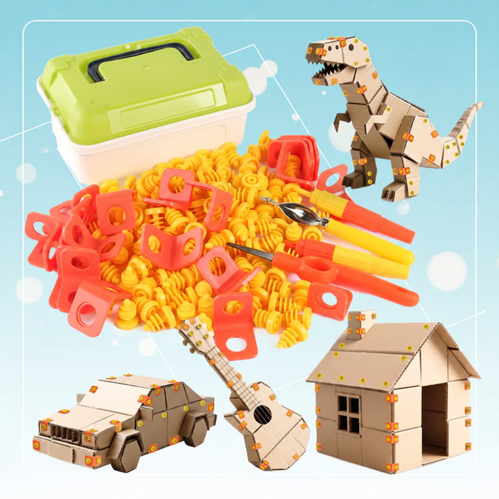 Cardboard building fasteners and tools beside a storage box and example craft projects