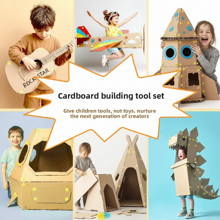 Cardboard project ideas including a guitar, airplane, rocket, car, play tent, and dinosaur costume