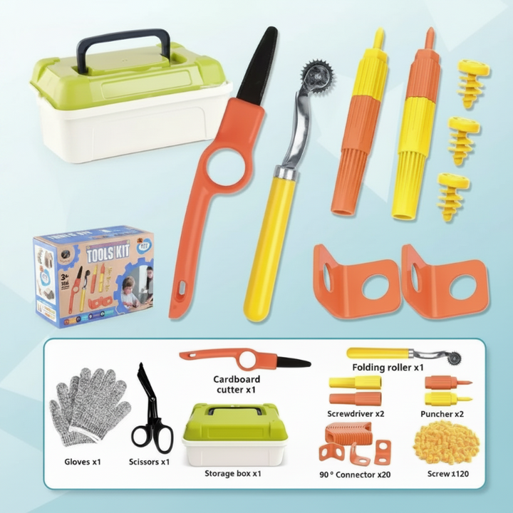 Cardboard tool kit with cutter, folding roller, screwdrivers, fasteners, gloves, scissors, and storage box
