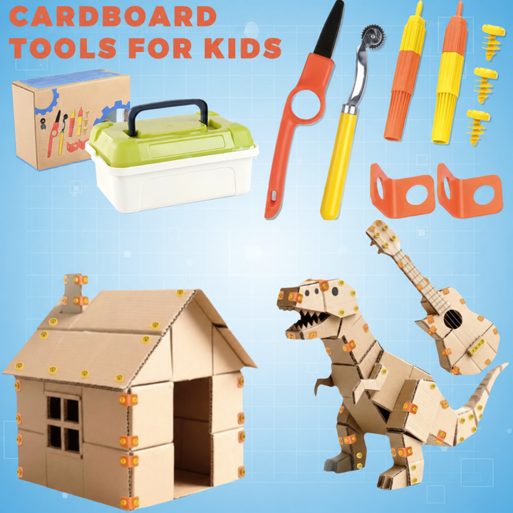 Cardboard tool kit with storage box and example house, dinosaur, and guitar builds