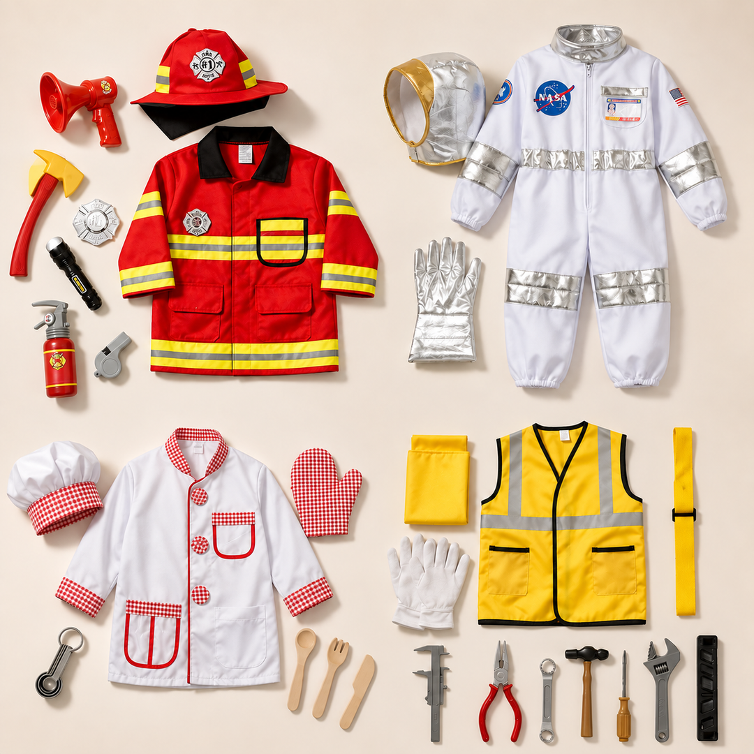 Firefighter, astronaut, chef, and construction costumes arranged with their matching dress-up accessories.