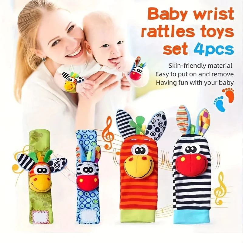 Caregiver holding a baby above a close-up of the four animal wrist and sock rattles.