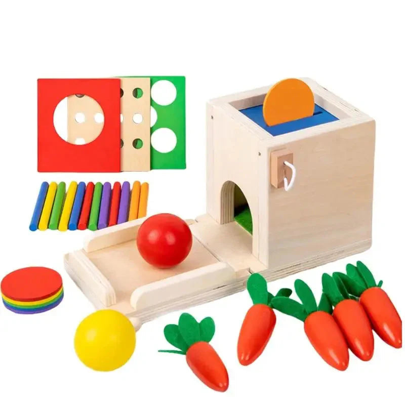 Carrot and coin-sorting drop box set with activity panels, colored sticks, and two balls