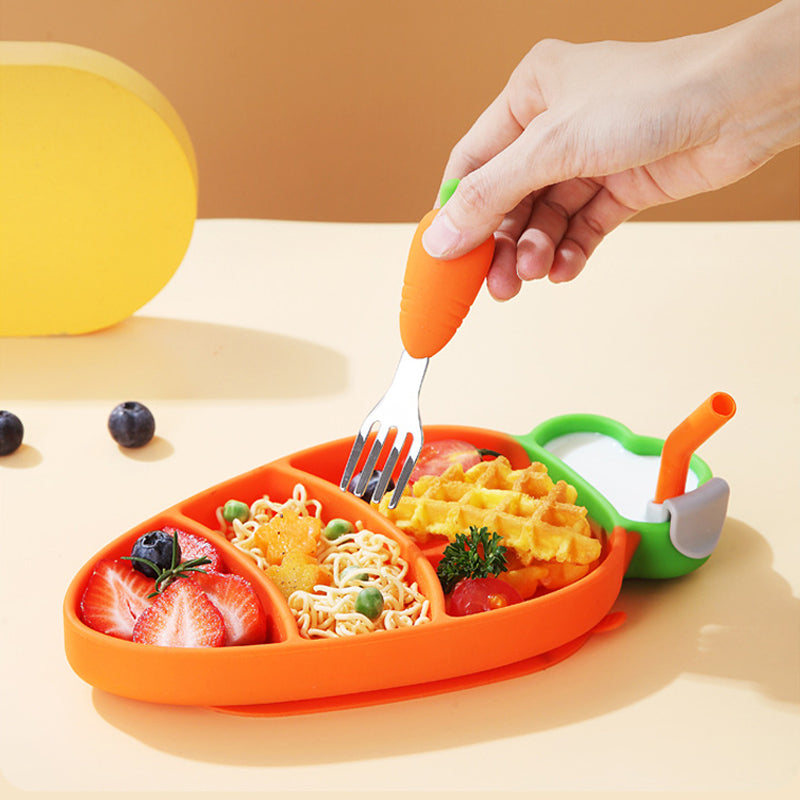Hand holding a carrot-handled fork over an orange divided plate of food