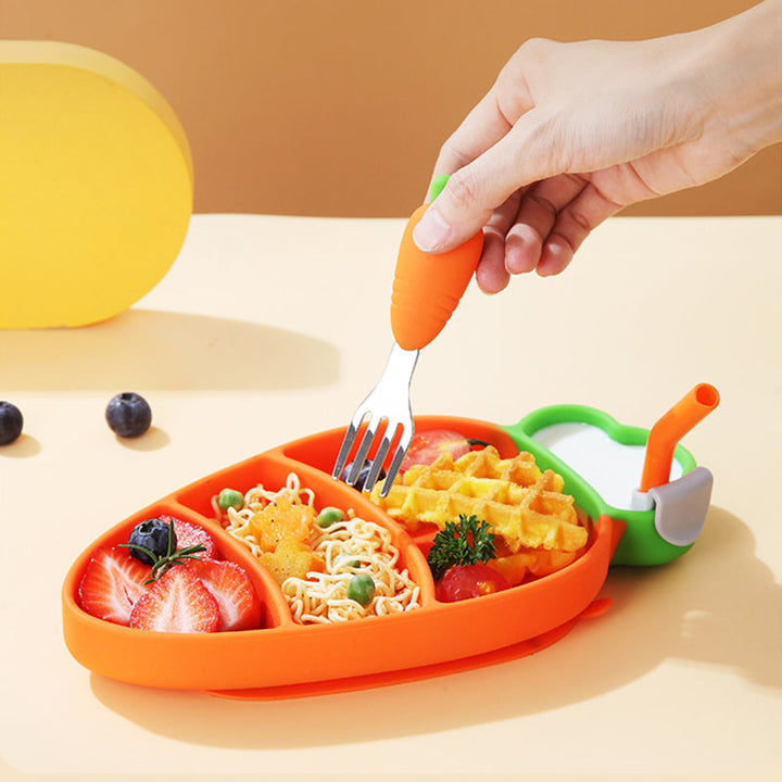 Hand holding a carrot-handled fork over an orange divided plate of food