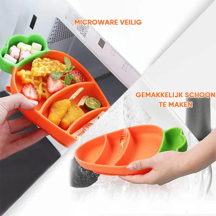 Carrot-shaped silicone plate shown in a microwave and being rinsed under running water