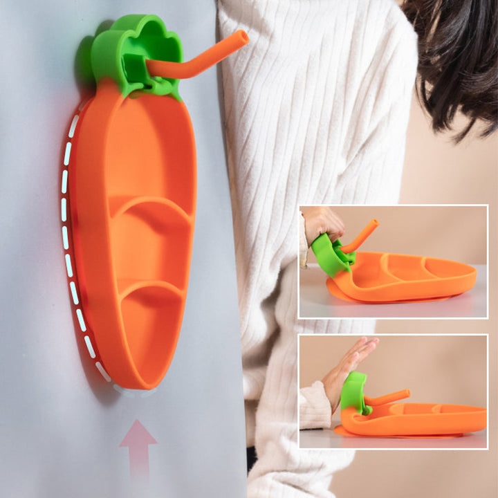 Carrot-shaped suction plate attached vertically, with inset views showing the base and release
