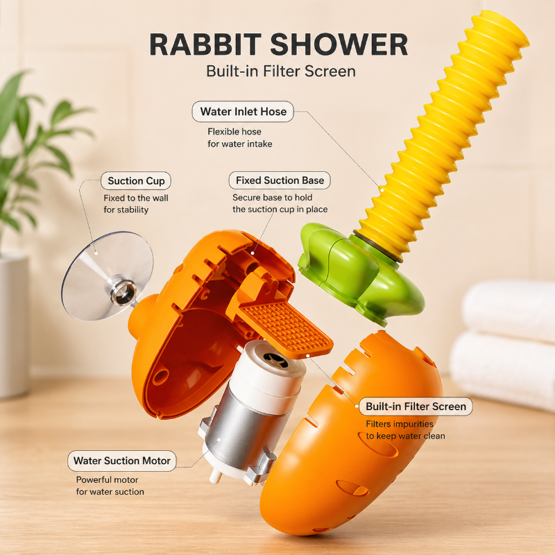 Carrot-shaped pump opened to show the motor and filter, with flexible hose and suction cup