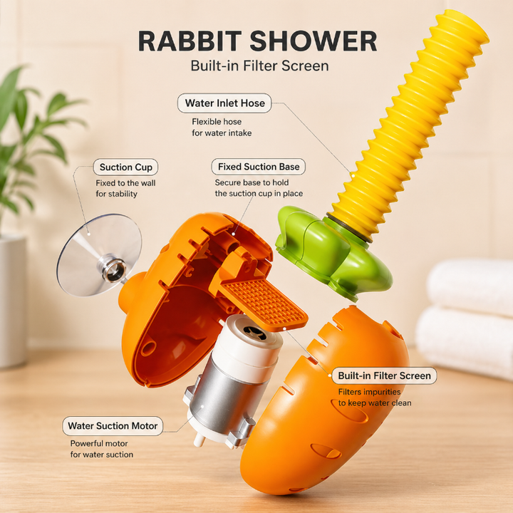 Carrot-shaped pump opened to show the motor and filter, with flexible hose and suction cup