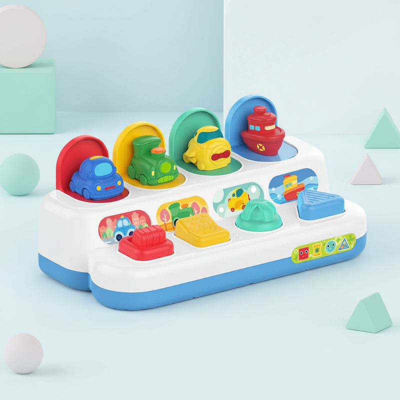Cars activity toy with four colorful vehicles above matching controls