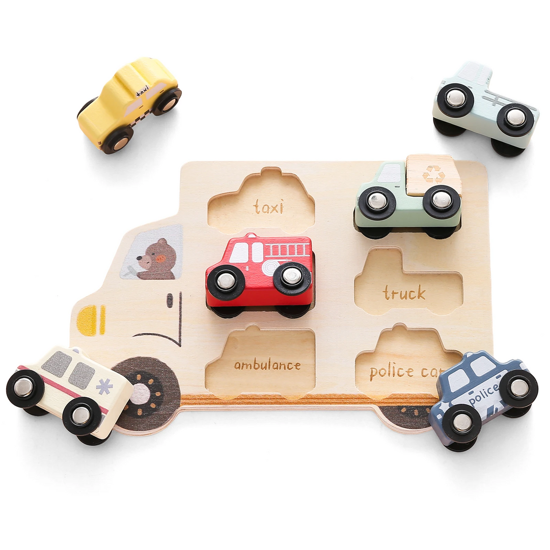 Cars puzzle board with colorful removable vehicles and labeled cutouts