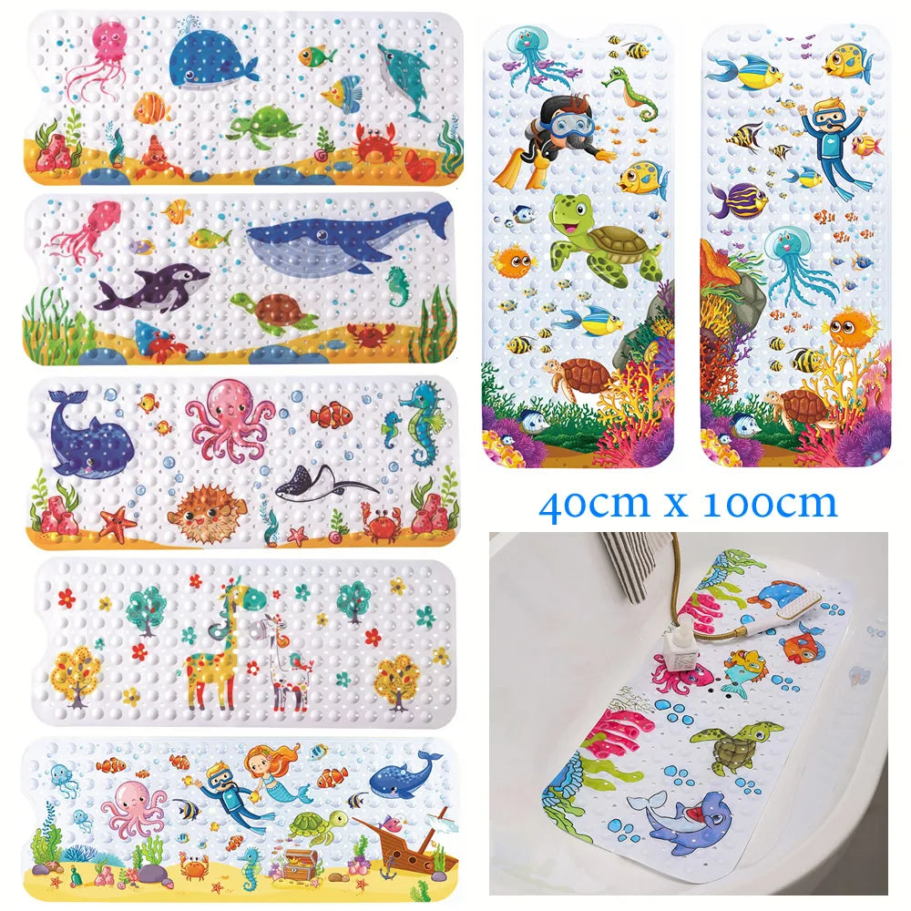 Collage of colorful cartoon bath mats with ocean and dinosaur designs, shown with 40 x 100 cm dimensions