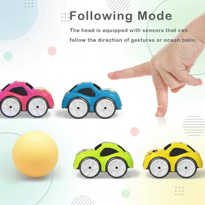 Hand gestures and a yellow ball illustrate following mode with colorful cartoon cars