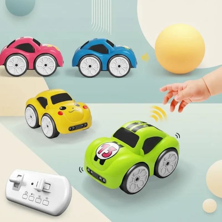 Colorful cartoon cars with a white controller, yellow ball and hand-gesture illustration