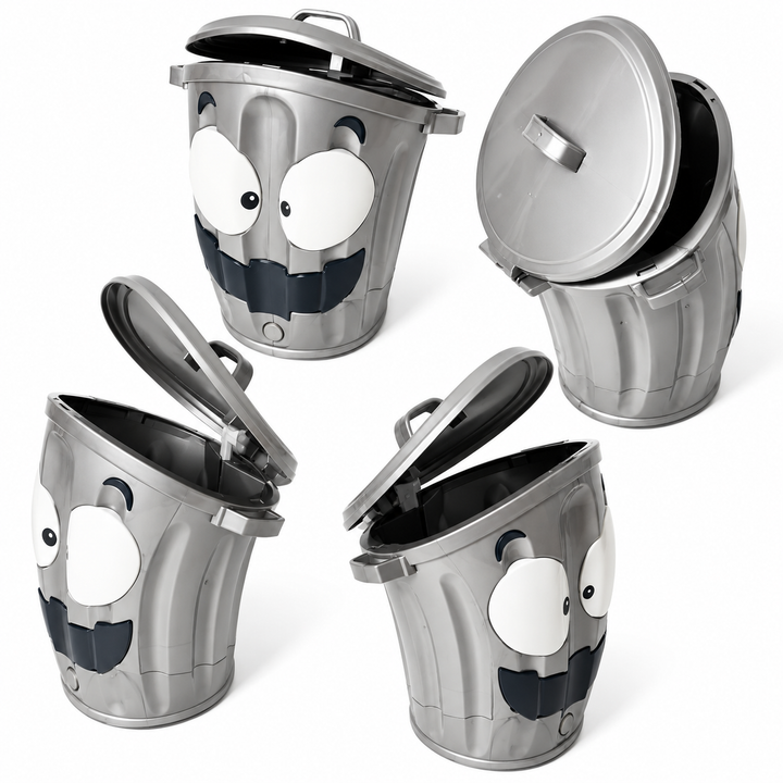 Front, side, and rear views of the cartoon trash can with its lid in different positions.