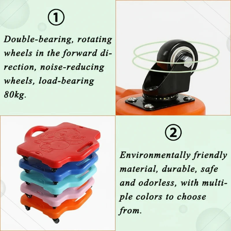 Caster wheel detail and stacked scooter boards in several colors