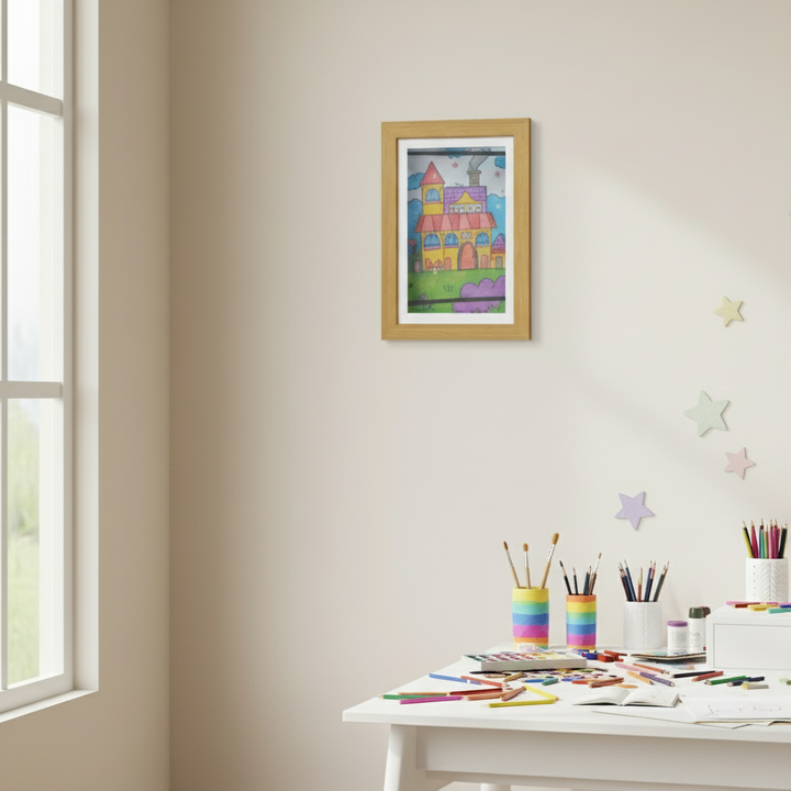 Wood-tone art frame with a castle drawing above a children&