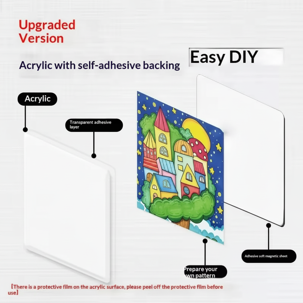 Exploded view of acrylic magnet layers with a colorful castle illustration.
