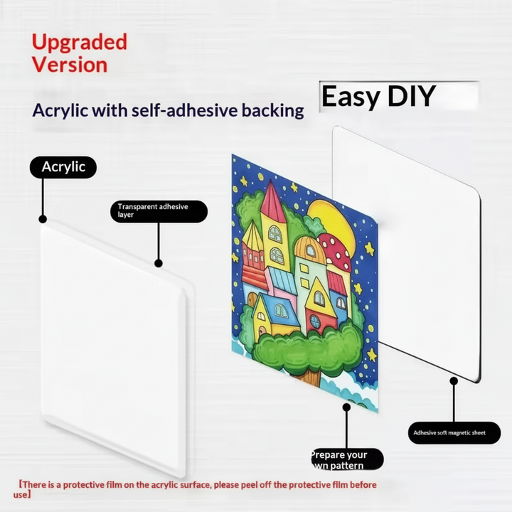 Exploded view of acrylic magnet layers with a colorful castle illustration.