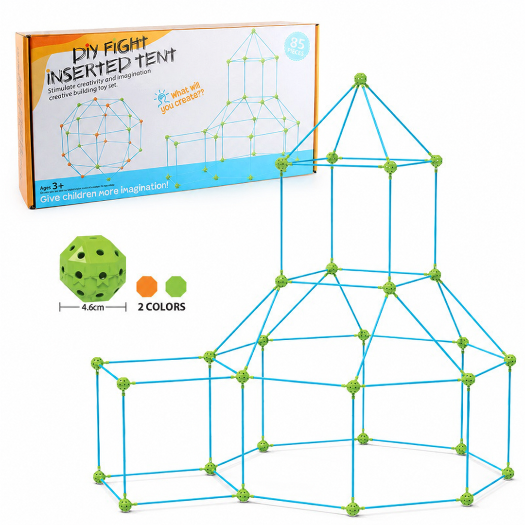 Castle-style building frame beside the kit box and a close-up of a green connector ball