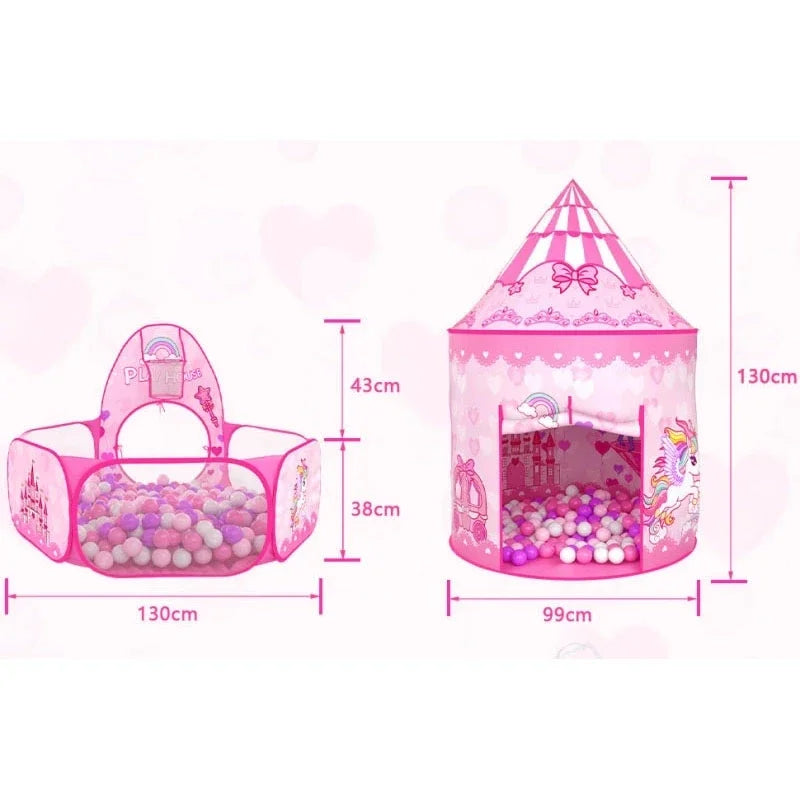 Measurement diagram showing the pink castle tent and ball pit with a raised backboard.