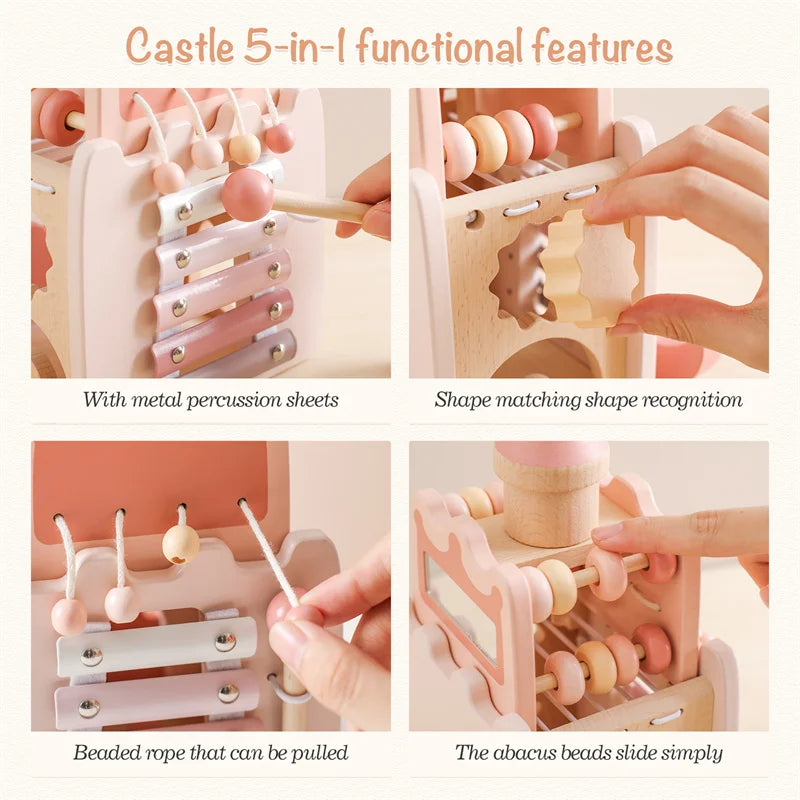 Four close-ups showing musical bars, shape sorting, beaded cords, and sliding beads on the wooden tower