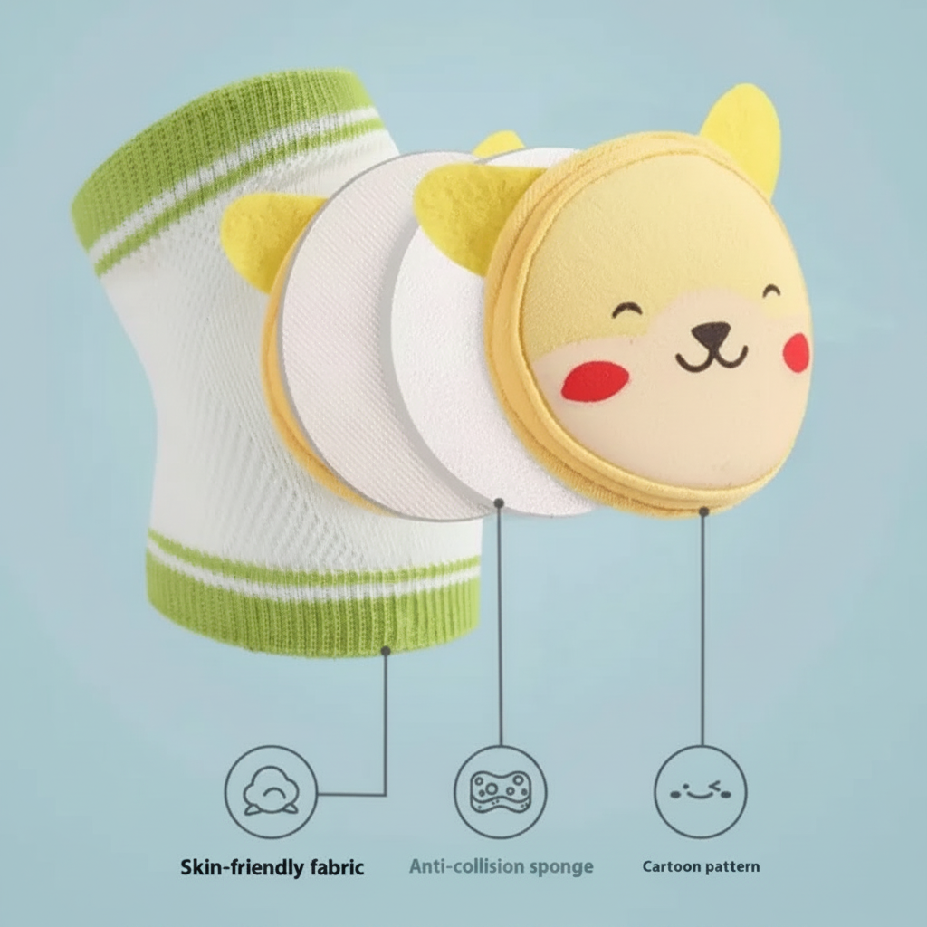Exploded view of a cat knee pad with knit fabric, sponge padding, and a cat-face front.