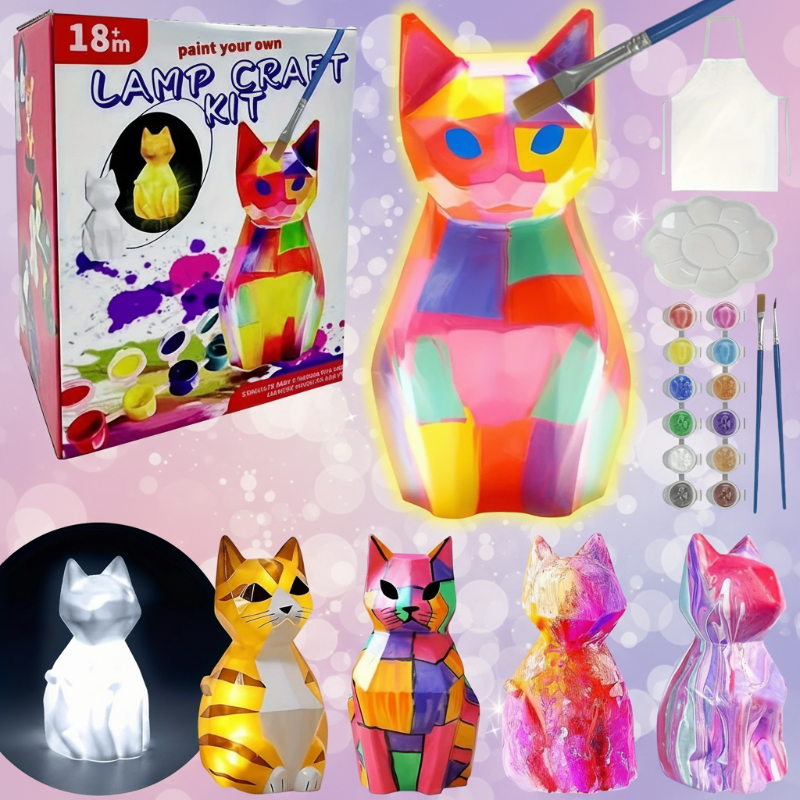 Faceted cat lamp painted in bright geometric colors, with painting supplies and other design examples.