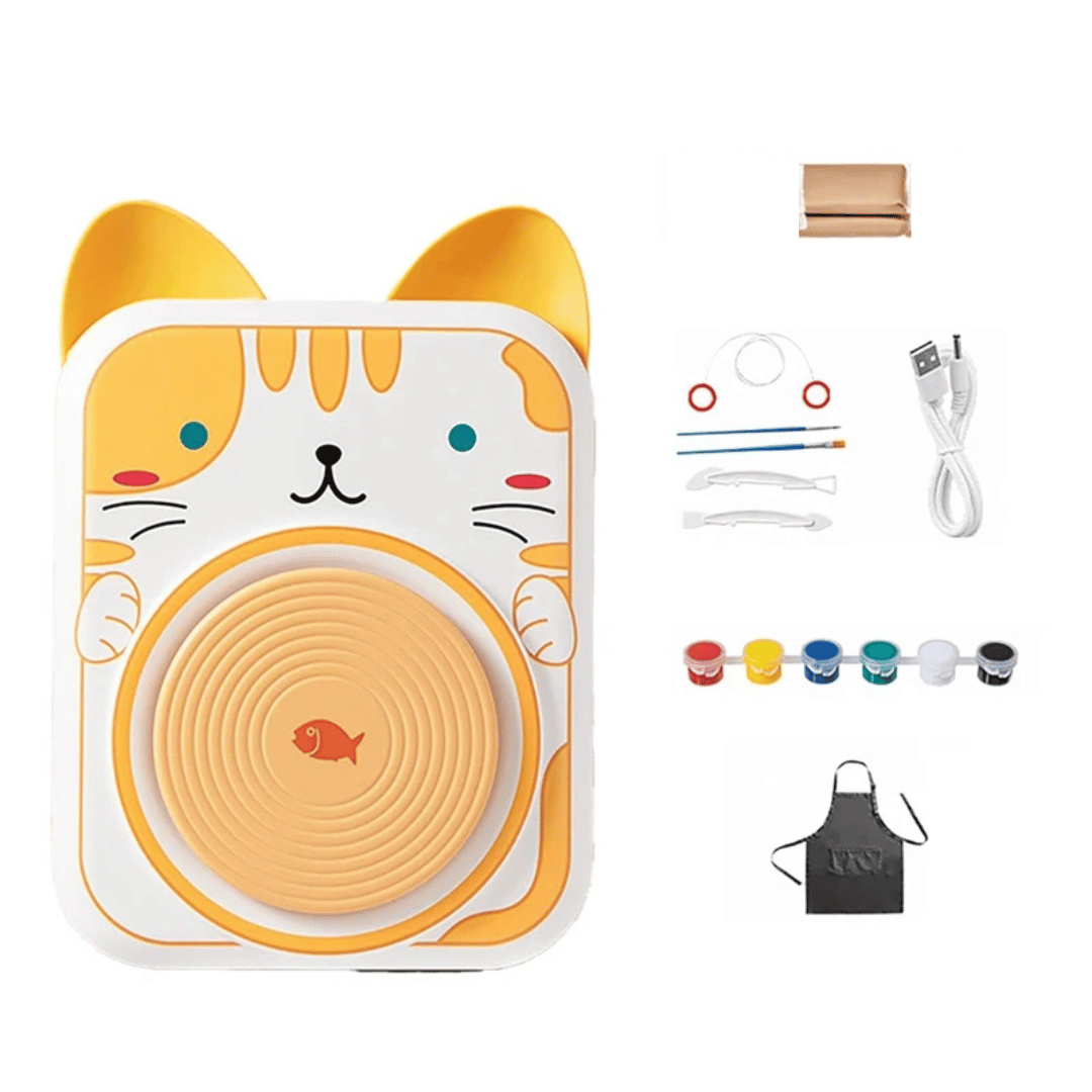 Cat-themed pottery wheel kit with clay, sculpting tools, USB cable, six paint colors, and a black apron