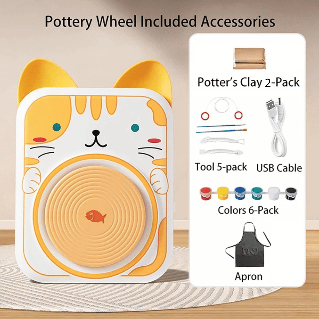 Cat pottery wheel with a labeled layout of clay, five tools, a USB cable, six colors, and an apron