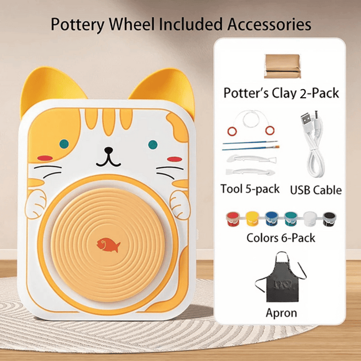 Cat pottery wheel with a labeled layout of clay, five tools, a USB cable, six colors, and an apron