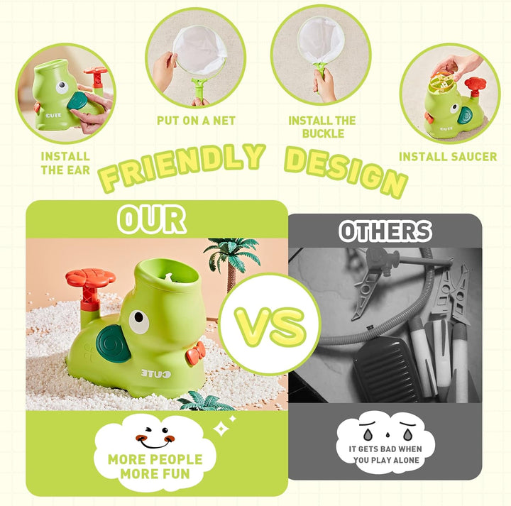 Assembly graphic showing catching-net setup and a green animal-shaped disc launcher