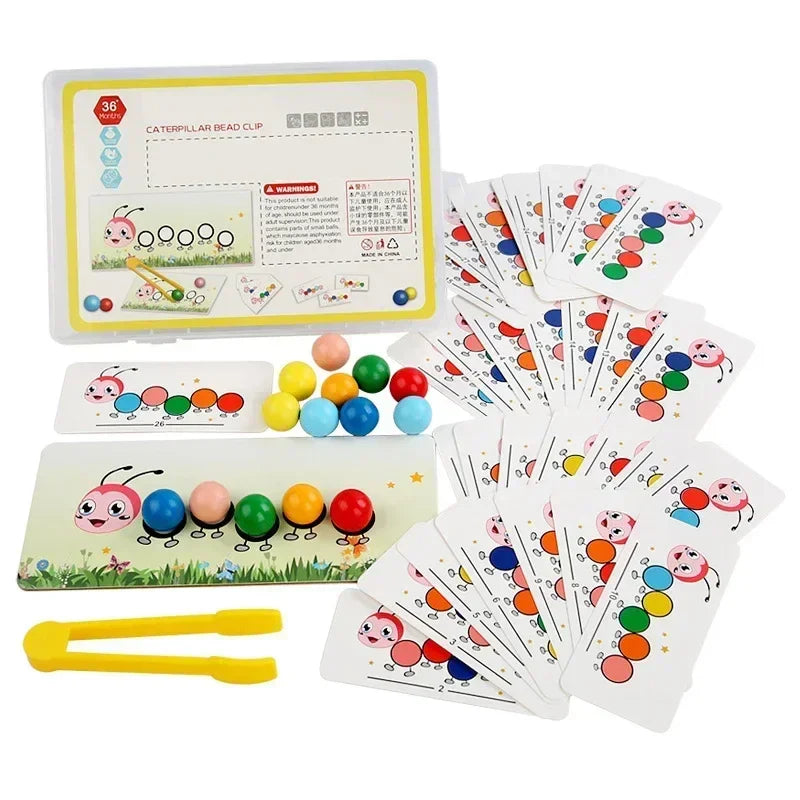 Caterpillar color-matching set with pattern cards, colorful beads, a yellow clip, and a storage box