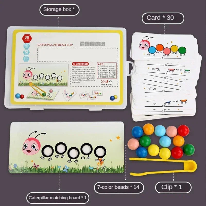 Set contents with 30 cards, 14 beads, one caterpillar board, one clip, and a storage box
