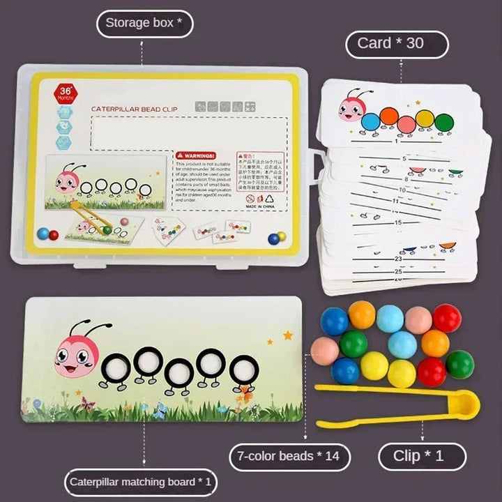 Set contents with 30 cards, 14 beads, one caterpillar board, one clip, and a storage box